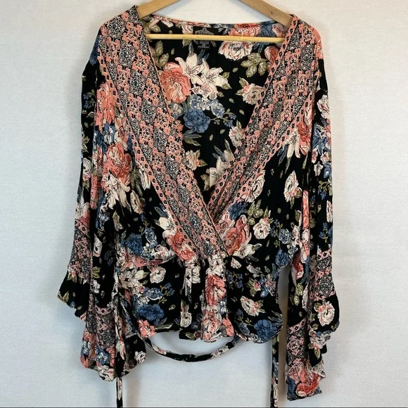 ANGIE | Long Sleeve Surplice Floral Printed Tie Woven Top Womens Plus Size 3XL - Picture 2 of 5